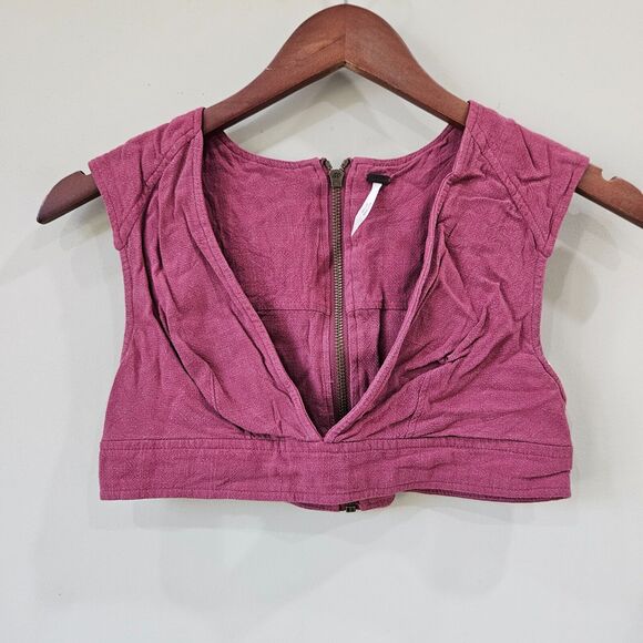 Free People Womens Linen Blend Crop Top Bralette Size 0 Pink Skater Full Zip - Picture 1 of 9